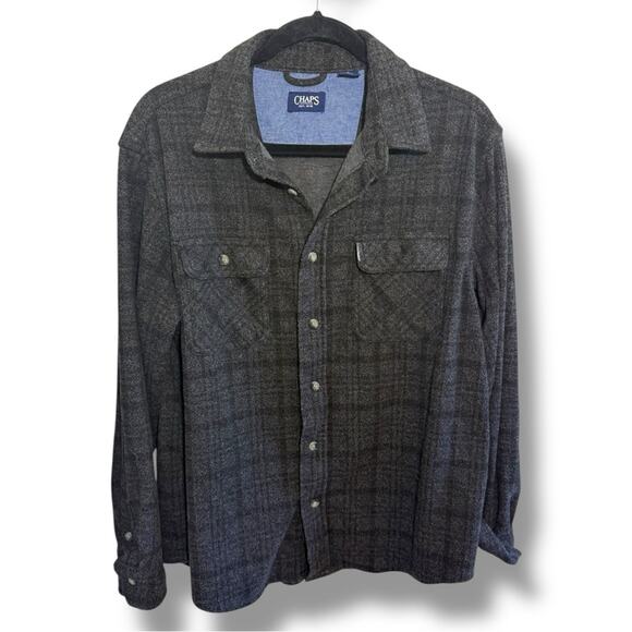 Chaps Men’s Plaid Flannel Button-Down Shirt in Charcoal Gray Medium - Picture 2 of 5